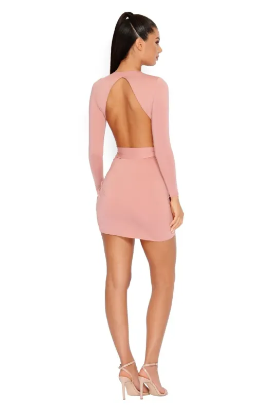 Bent Out Of Drape Extreme Plunge Wrap Mini Dress in Blush sold by Oh Polly
