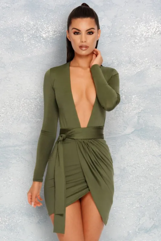 Bent Out Of Drape Extreme Plunge Wrap Mini Dress in Khaki sold by Oh Polly