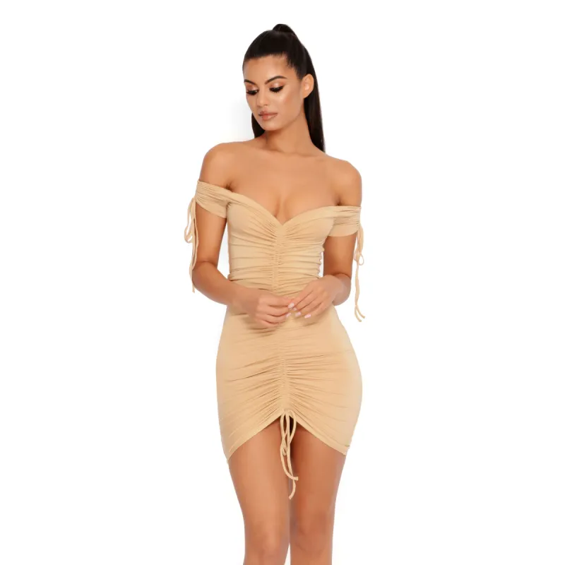 Pull On My Heartstrings Ruched Bardot Mini Dress in Beige sold by Oh Polly