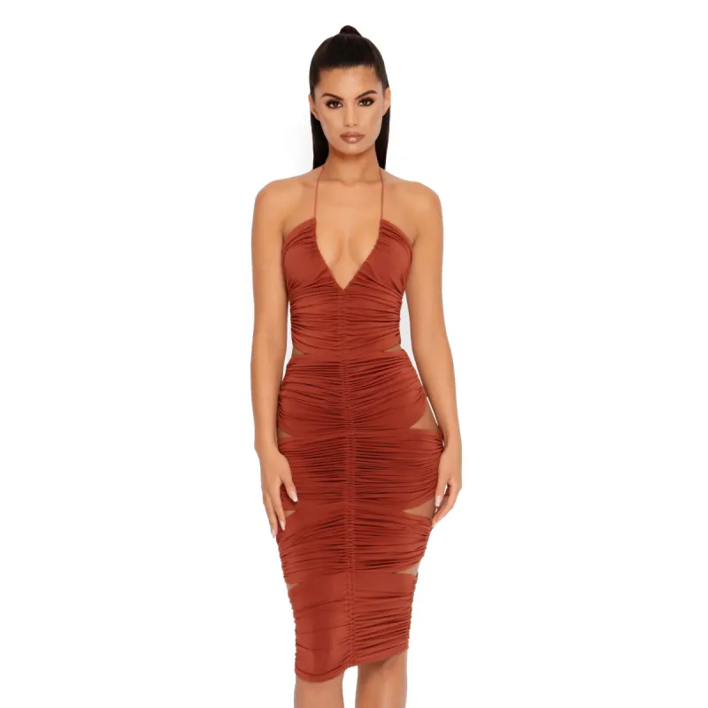 Side Piece Ruched Cut Out Midi Dress in Rust sold by Oh Polly