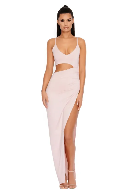 Opening Night Cut Out Thigh Split Maxi Dress in Blush sold by Oh Polly
