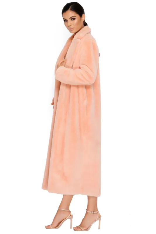 Fur Of Surprises Faux Fur Longline Coat in Salmon sold by Oh Polly