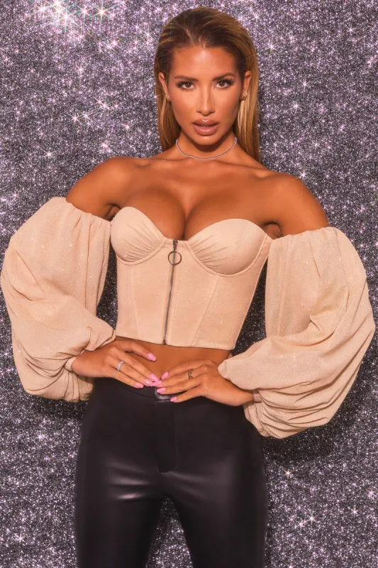 Keep On Shining Bardot Puff Sleeve Crop Top in Gold sold by Oh Polly