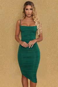 Cowl Neck Ruched Bodycon Midi Dress in Green sold by Oh Polly