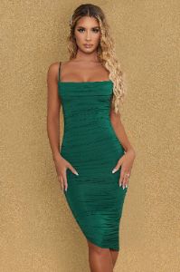 Cowl Neck Ruched Bodycon Midi Dress in Green sold by Oh Polly