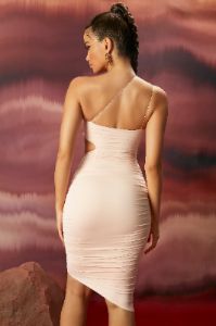 Ruched Asymmetric Midi Dress in Blush sold by Oh Polly