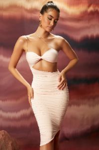 Ruched Asymmetric Midi Dress in Blush sold by Oh Polly