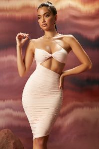 Ruched Asymmetric Midi Dress in Blush sold by Oh Polly