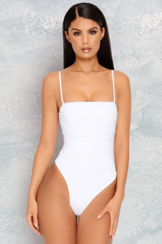 It's A Cinch Ruched Square Neck Bodysuit in White sold by Oh Polly