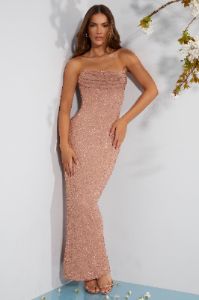 Embellished Bandeau Cowl Neck Maxi Dress in Beige sold by Oh Polly