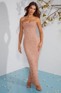Embellished Bandeau Cowl Neck Maxi Dress in Beige sold by Oh Polly