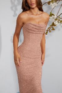 Embellished Bandeau Cowl Neck Maxi Dress in Beige sold by Oh Polly