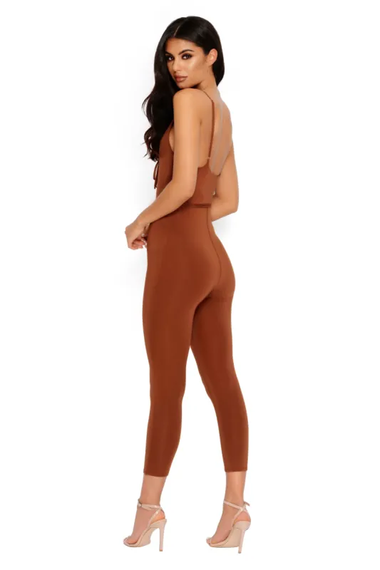 Key To My Heart Strappy Cropped Keyhole Jumpsuit in Brown sold by Oh Polly