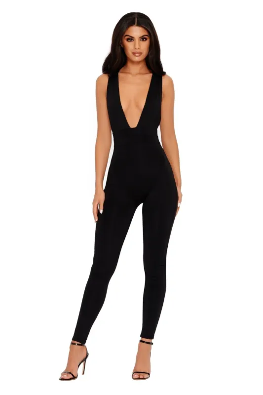 Sleek In The Sheets Extreme Plunge Ankle Length Jumpsuit in Black sold by Oh Polly