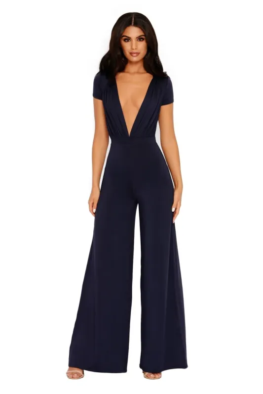 Sleeve It To Me Extreme Plunge Wide Leg Jumpsuit in Navy made by Oh Polly