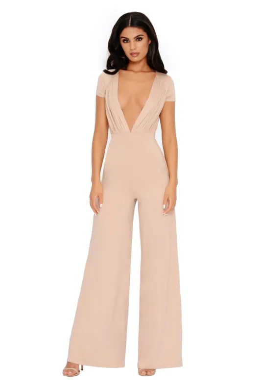 Sleeve It To Me Extreme Plunge Wide Leg Jumpsuit in Frappe made by Oh Polly
