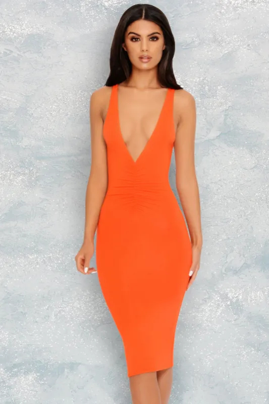Low Rider Extreme Plunge Sleeveless Midi Dress in Orange sold by Oh Polly