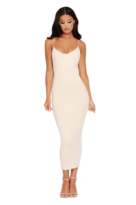 Buff With The Smooth Low Back Strappy Midi Dress in Peach sold by Oh Polly