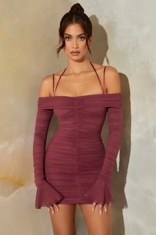 Bardot Long Sleeve Ruched Mini Dress in Dark Mauve sold by Oh Polly