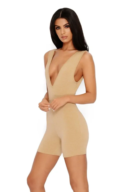 Deep Feelings Extreme Plunge Unitard Playsuit in Beige sold by Oh Polly
