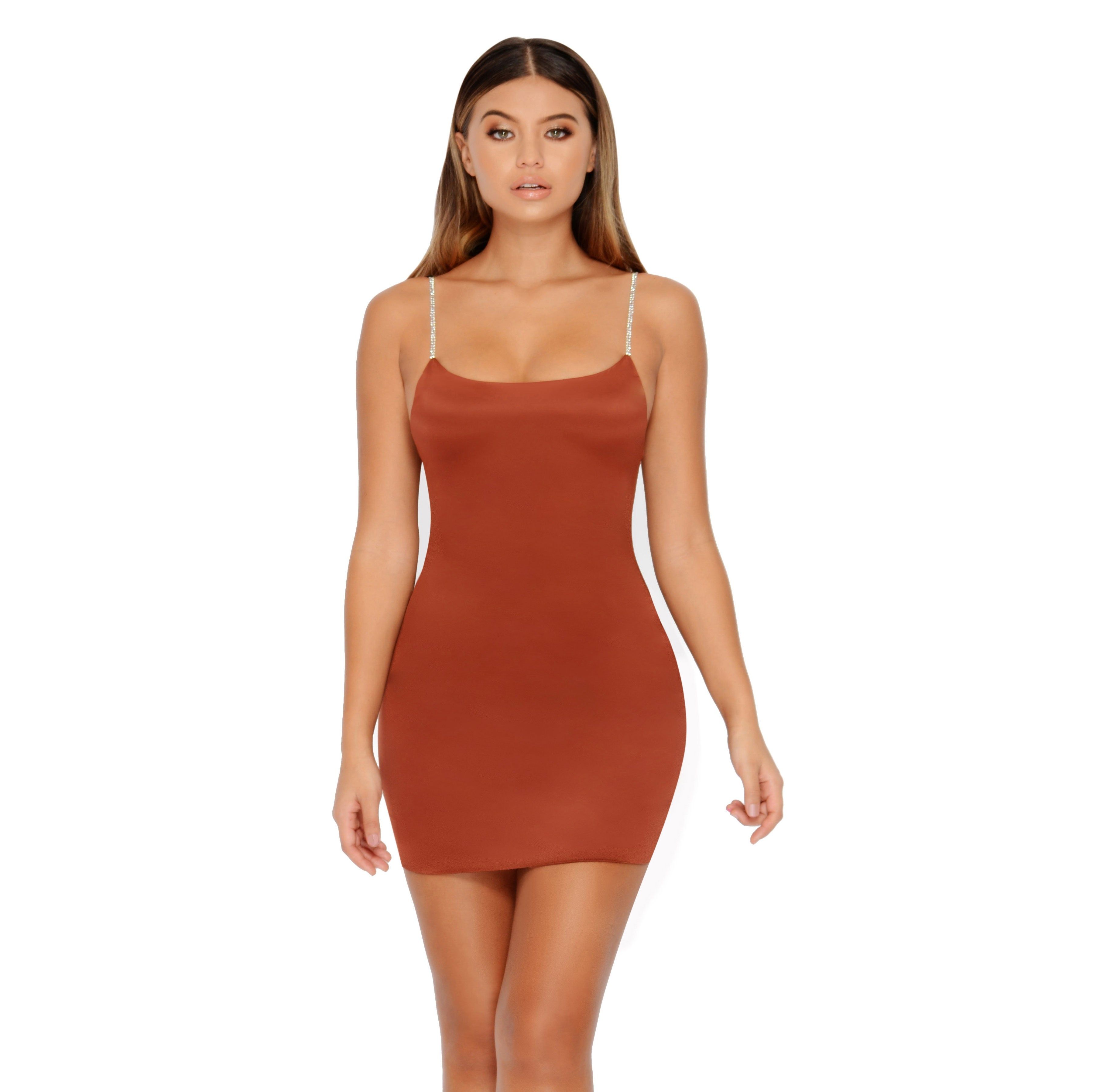 Diamond In The Buff Diamante Satin Mini Dress in Brown sold by Oh Polly