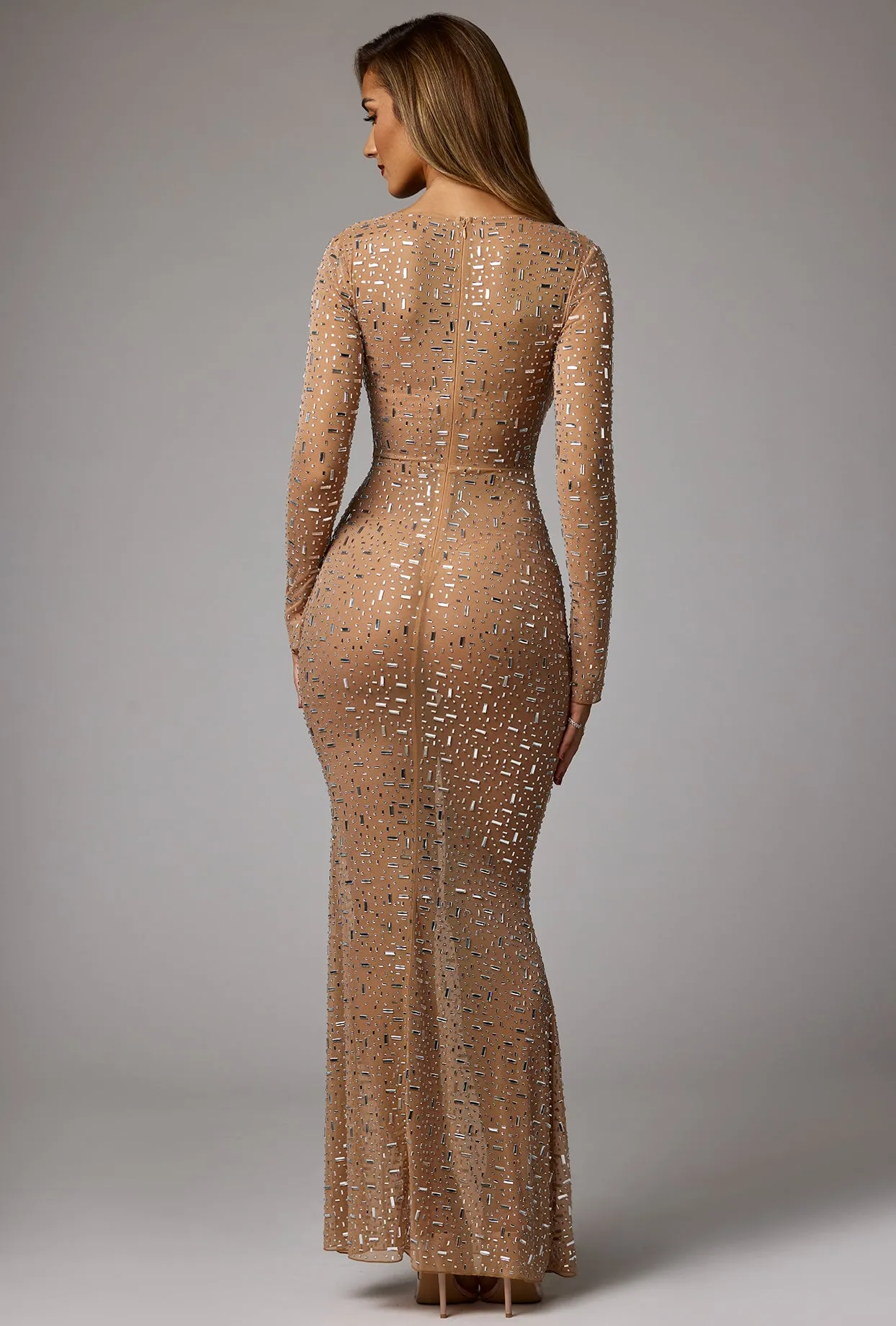 Sheer Embellished Long Sleeve Evening Gown in Almond sold by Oh Polly product image thumbnail 2