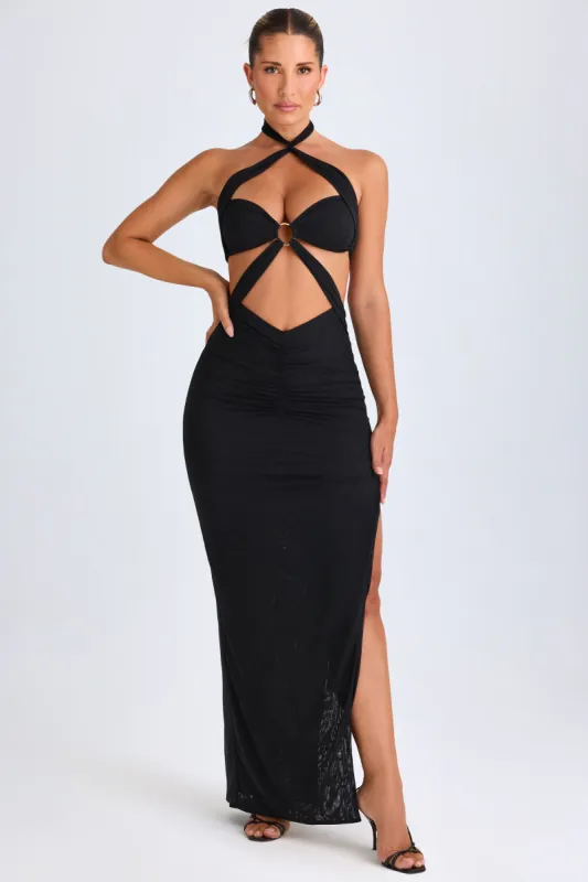 Hardware Detail Cut-Out Halterneck Maxi Dress in Black sold by Oh Polly