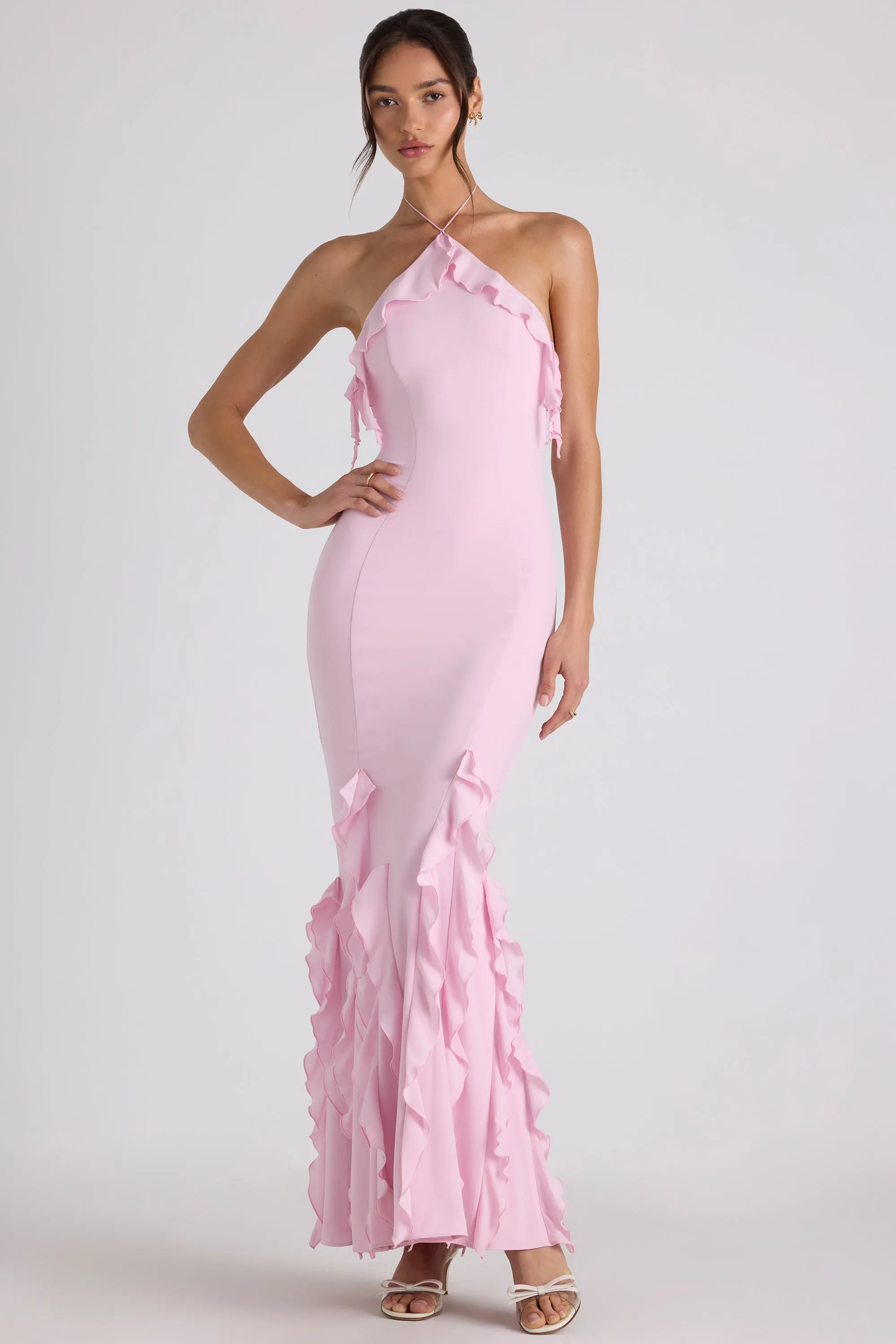 Ruffle-Trim Halterneck Gown in Soft Pink sold by Oh Polly product image thumbnail 5
