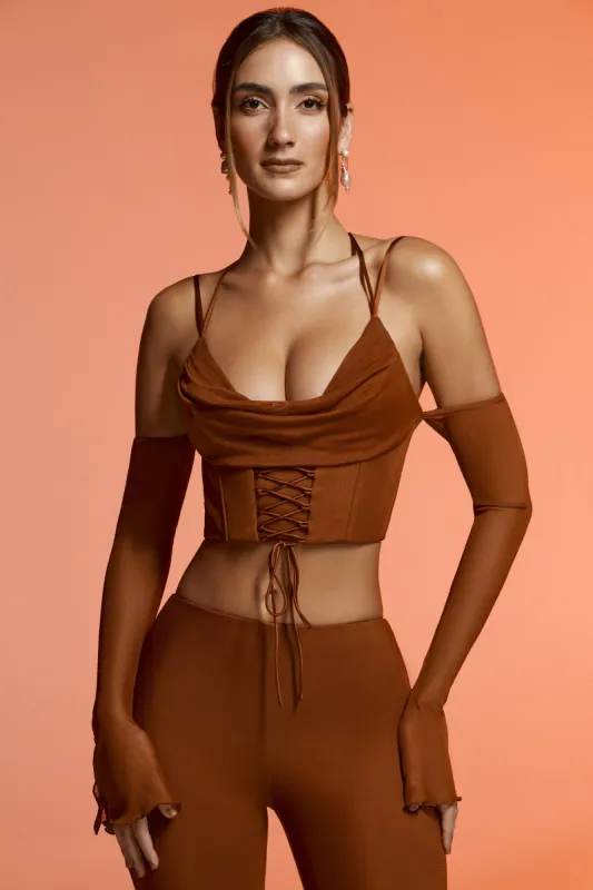 Long Sleeve Cold Shoulder Crop Top in Brown sold by Oh Polly