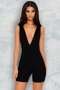Deep Feelings Extreme Plunge Unitard Playsuit in Black sold by Oh Polly