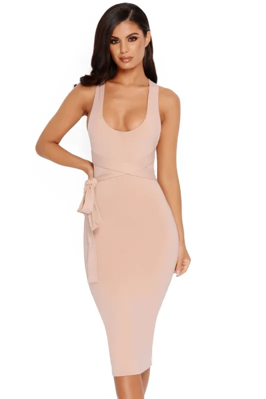 Bow All Out Tie Belt Double Layered Midi Dress in Blush sold by Oh Polly