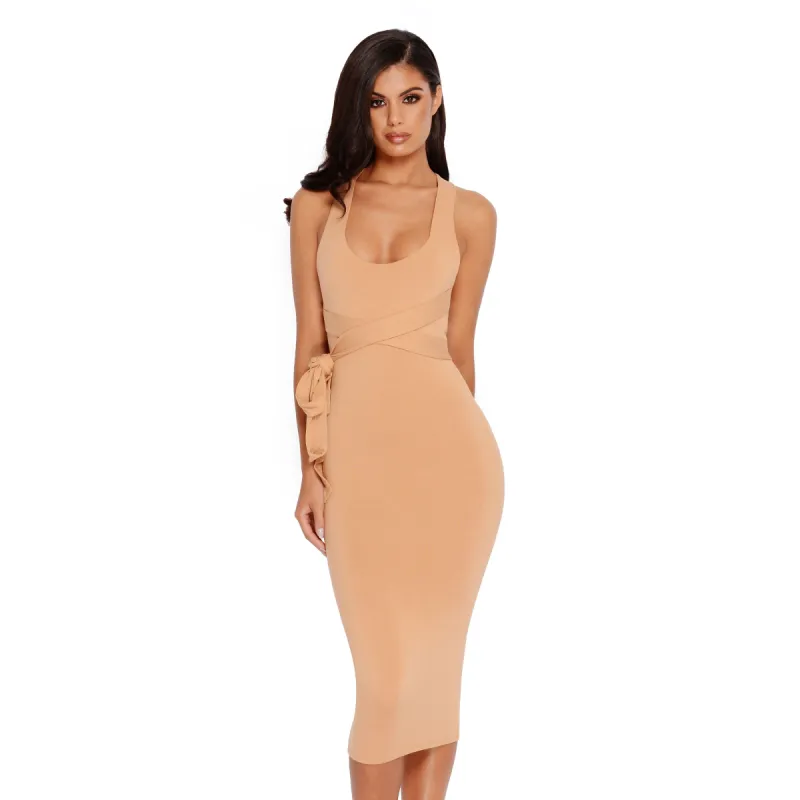 Bow All Out Tie Belt Double Layered Midi Dress in Tan sold by Oh Polly