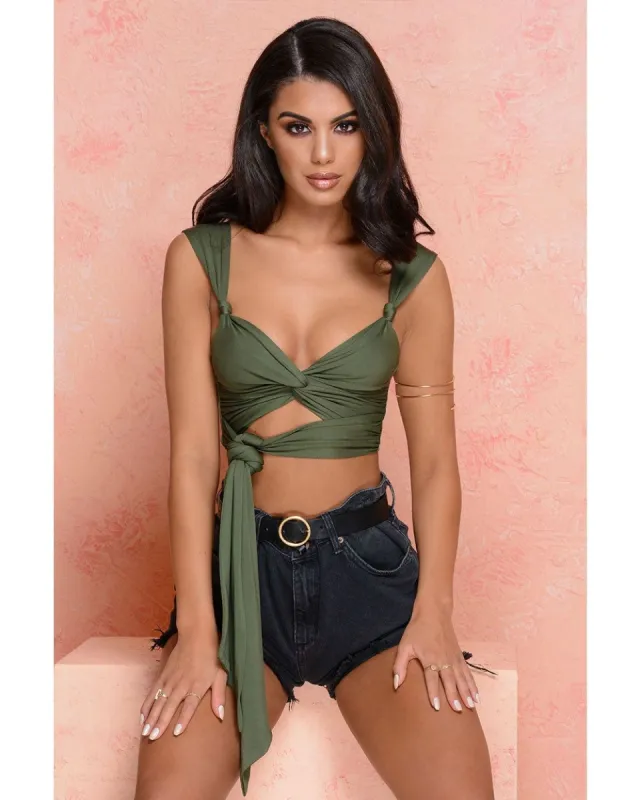 Twist My Words Strappy Twist Front Crop Top in Khaki sold by Oh Polly