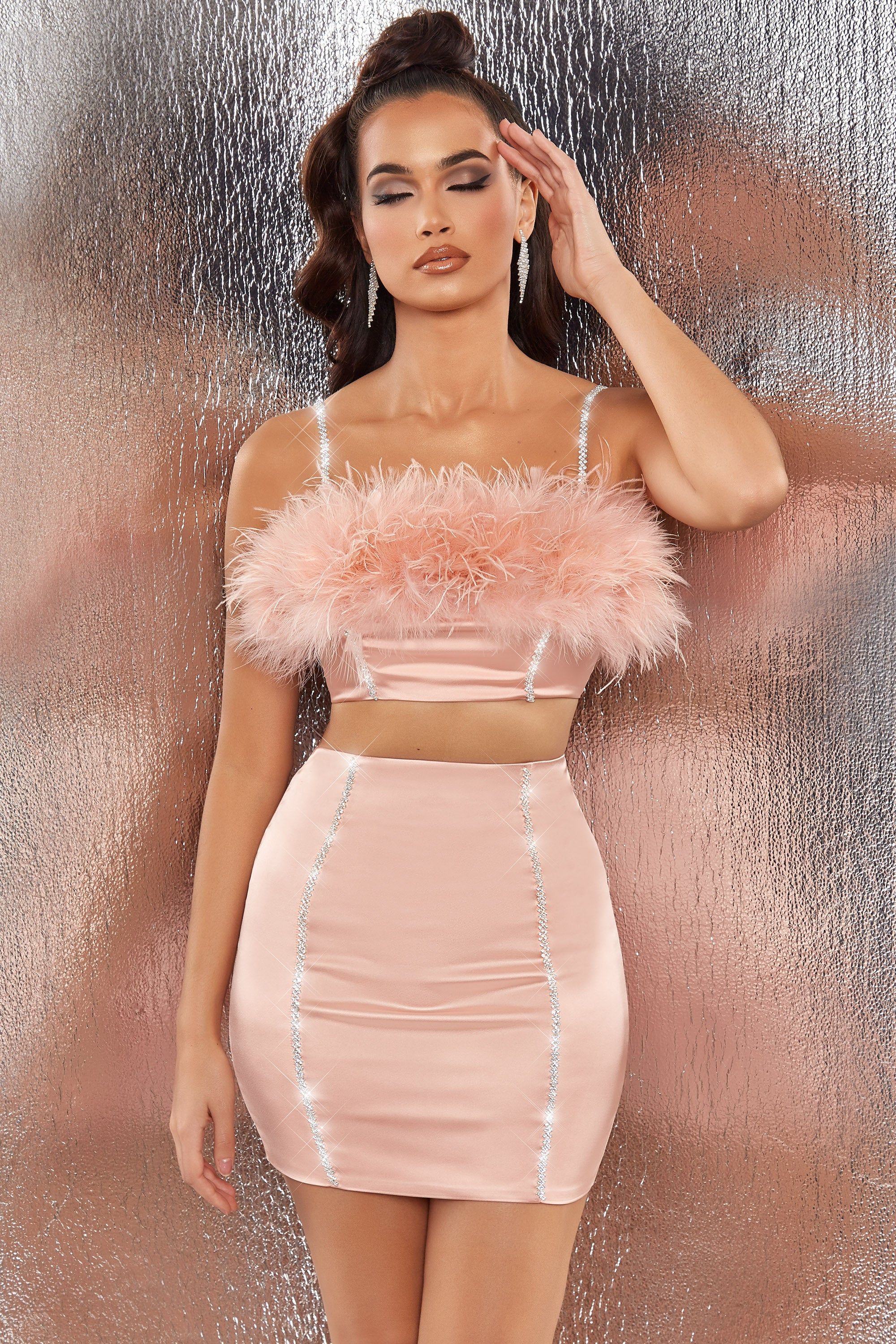 Bring The Party Embellished Satin Mini Skirt in Blush sold by Oh Polly product image thumbnail 5