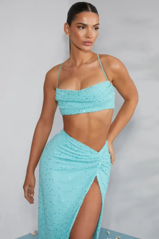 Embellished Cross Back Crop Top in Aqua sold by Oh Polly
