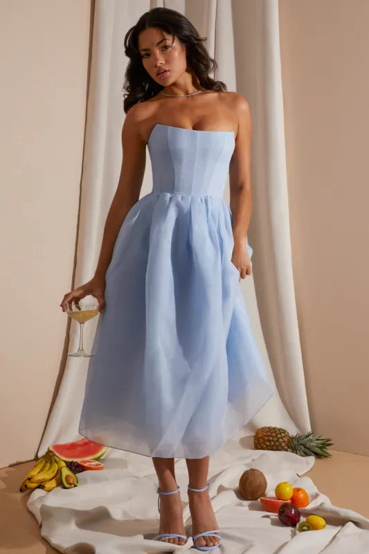 Strapless Corset Tulle Midi Dress in Blue sold by Oh Polly