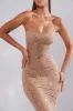 Sheer Embellished Scoop Neck Evening Gown in Almond sold by Oh Polly