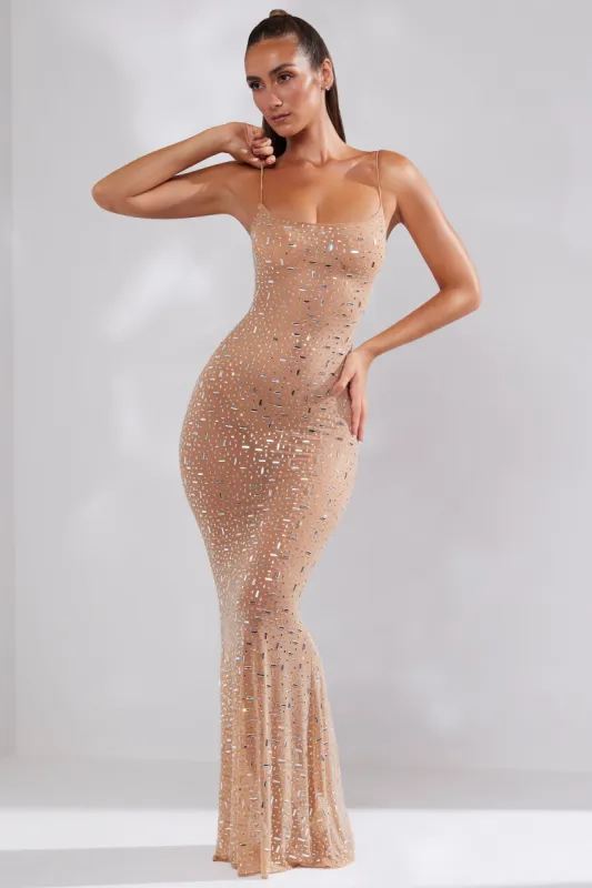 Sheer Embellished Scoop Neck Evening Gown in Almond sold by Oh Polly