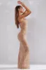 Sheer Embellished Scoop Neck Evening Gown in Almond sold by Oh Polly