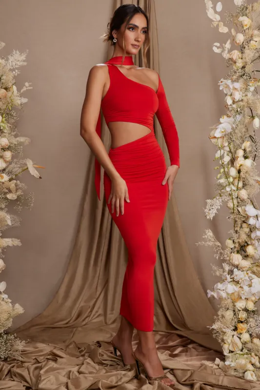 Single Sleeve Cut Out Maxi Dress in Red sold by Oh Polly