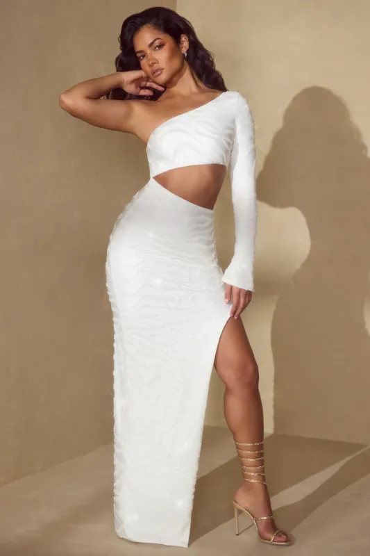 Single Sleeve Cut Out Maxi Dress in Off White sold by Oh Polly