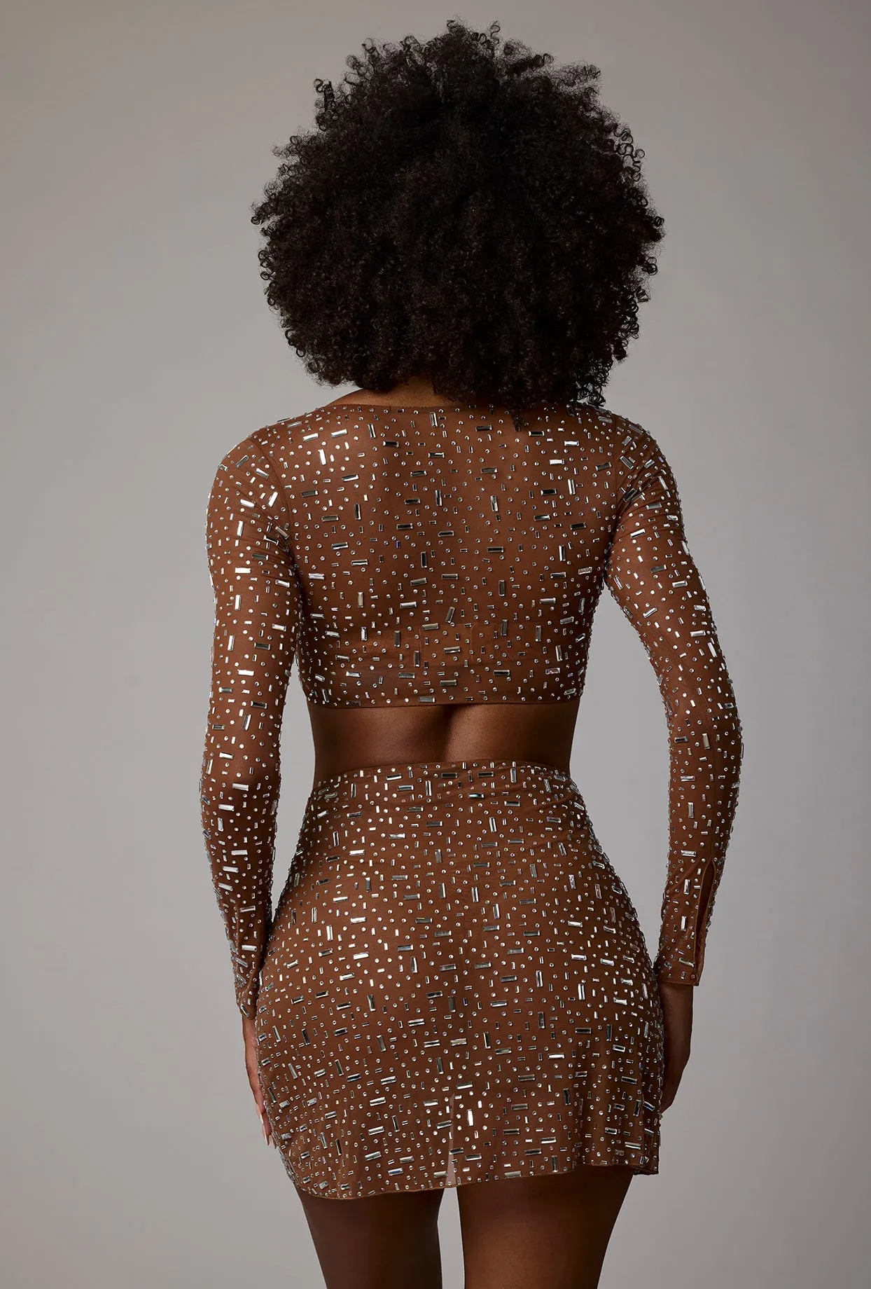 Sheer Embellished V Waist Mini Skirt in Mocha sold by Oh Polly product image thumbnail 2