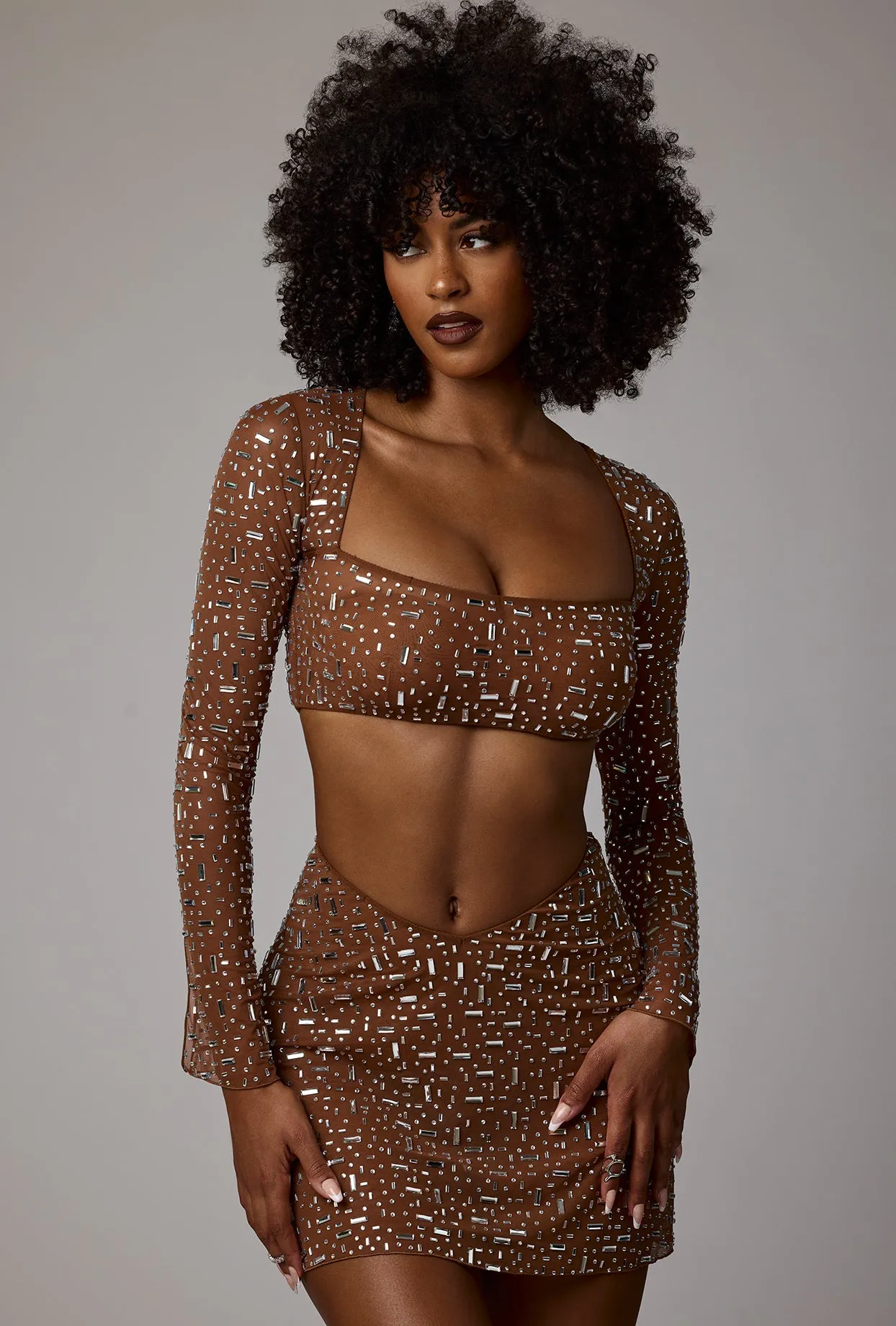 Sheer Embellished V Waist Mini Skirt in Mocha sold by Oh Polly product image thumbnail 5
