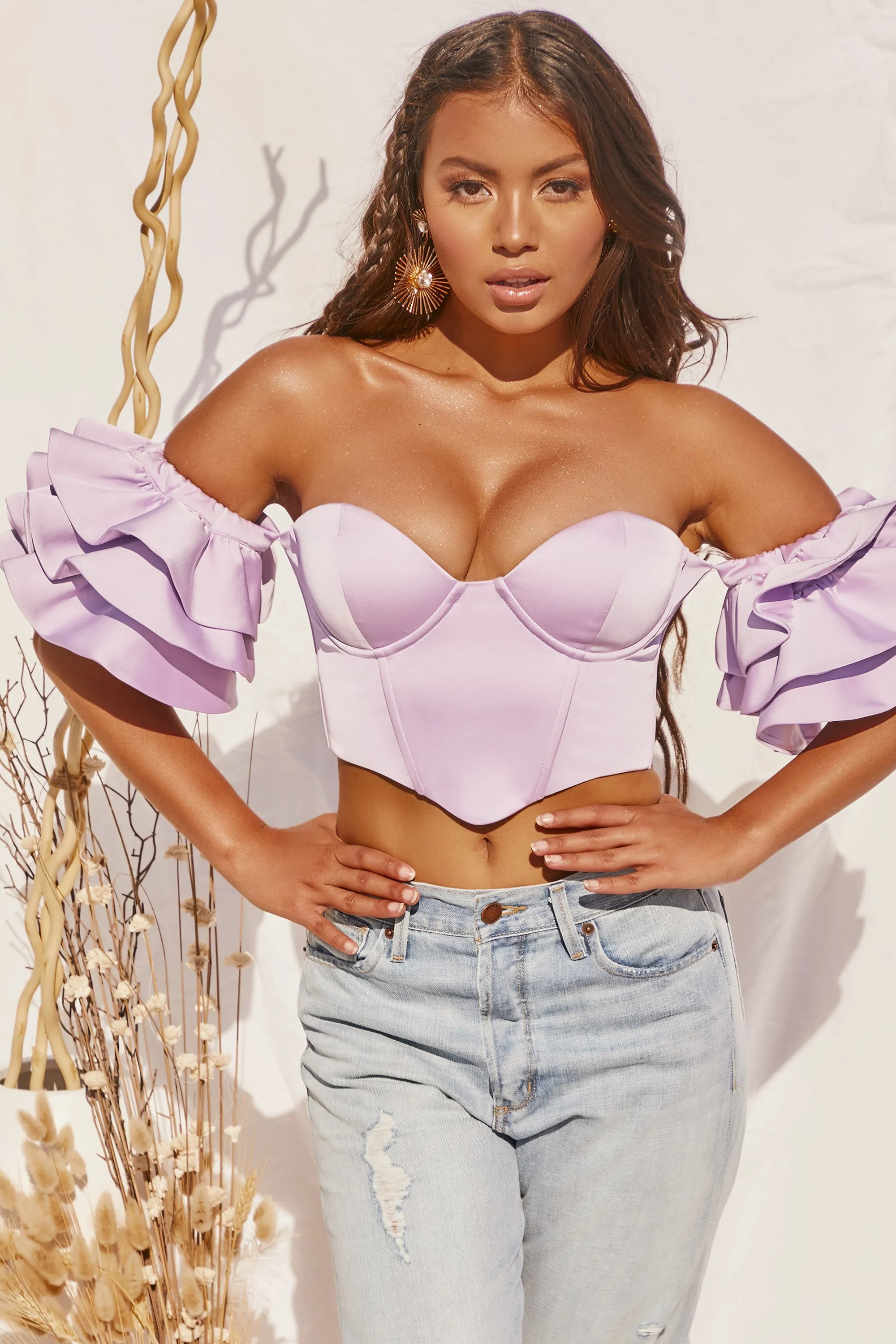 Sweet Bliss Bardot Ruffle Sleeve Crop Top in Lilac sold by Oh Polly product image thumbnail 3