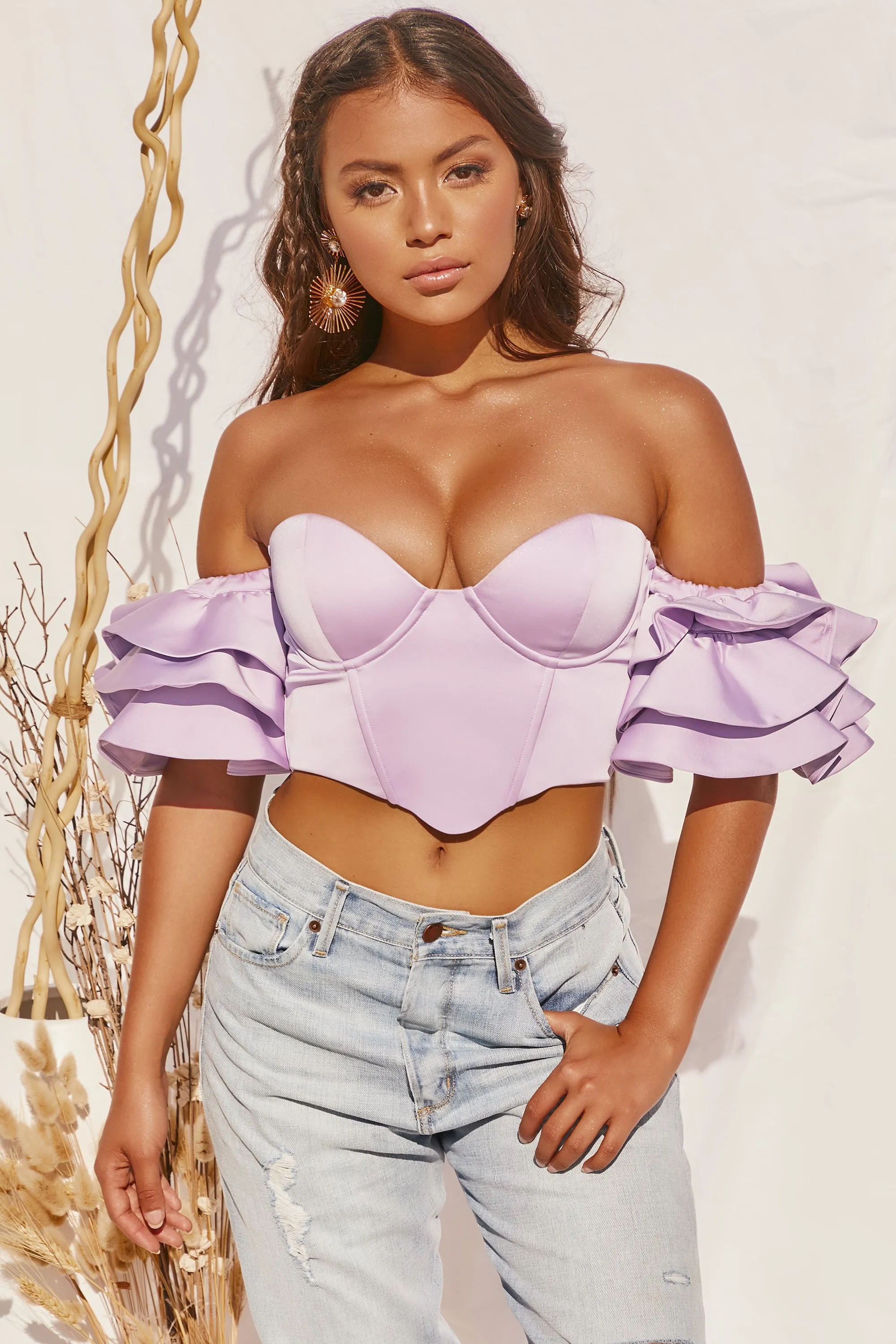 Sweet Bliss Bardot Ruffle Sleeve Crop Top in Lilac sold by Oh Polly product image thumbnail 2