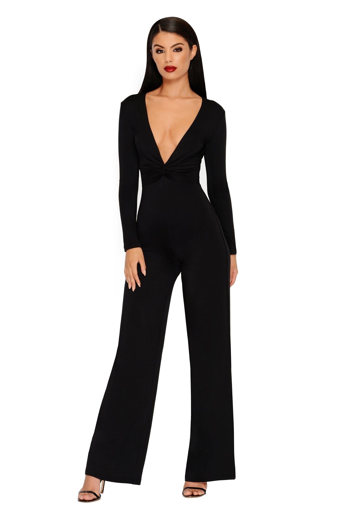 Flow Your Own Way Plunging Wide Leg Jumpsuit in Black sold by Oh Polly