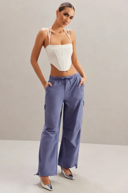Petite Wide Leg Cargo Trousers in Dusty Blue sold by Oh Polly
