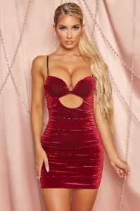 Impulsive Love Velvet Cut Out Bodycon Mini Dress in Red sold by Oh Polly