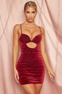Impulsive Love Velvet Cut Out Bodycon Mini Dress in Red sold by Oh Polly