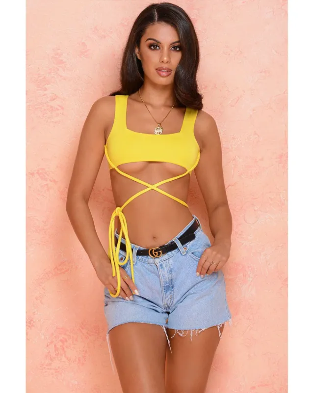 Hold The Line Underbust Criss Cross Crop Top in Yellow sold by Oh Polly